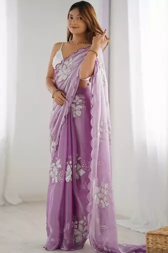 Purple floral sequinned pure chiffon heavy work saree