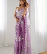 Purple floral sequinned pure chiffon heavy work saree