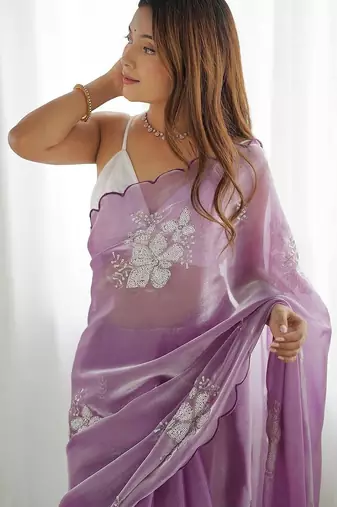 Purple floral sequinned pure chiffon heavy work saree