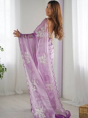 Purple floral sequinned pure chiffon heavy work saree 3