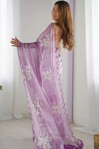 Purple floral sequinned pure chiffon heavy work saree