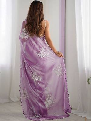 Purple floral sequinned pure chiffon heavy work saree 4