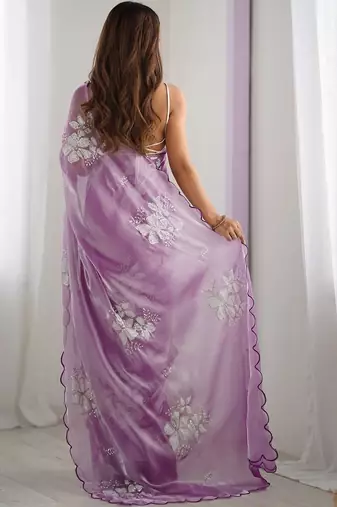 Purple floral sequinned pure chiffon heavy work saree