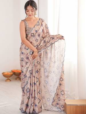 Beige mirror work pure chiffon ikat saree 1