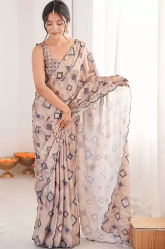 Beige mirror work pure chiffon ikat saree