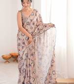 Beige mirror work pure chiffon ikat saree