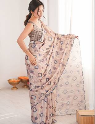 Beige mirror work pure chiffon ikat saree 2