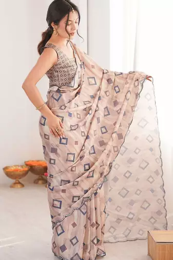 Beige mirror work pure chiffon ikat saree
