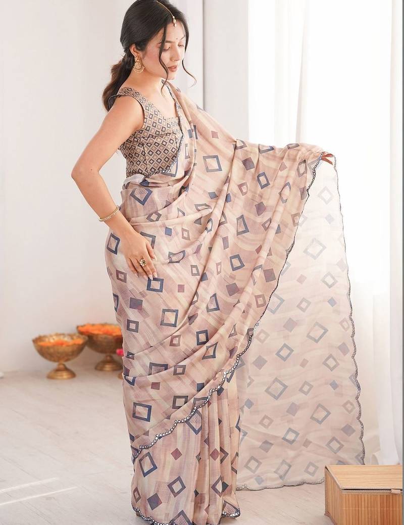 Beige mirror work pure chiffon ikat saree
