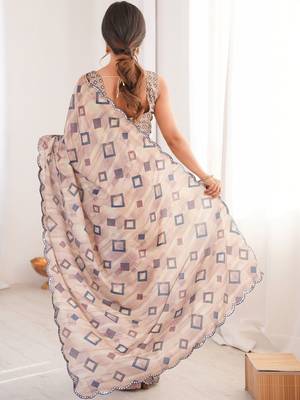 Beige mirror work pure chiffon ikat saree 3