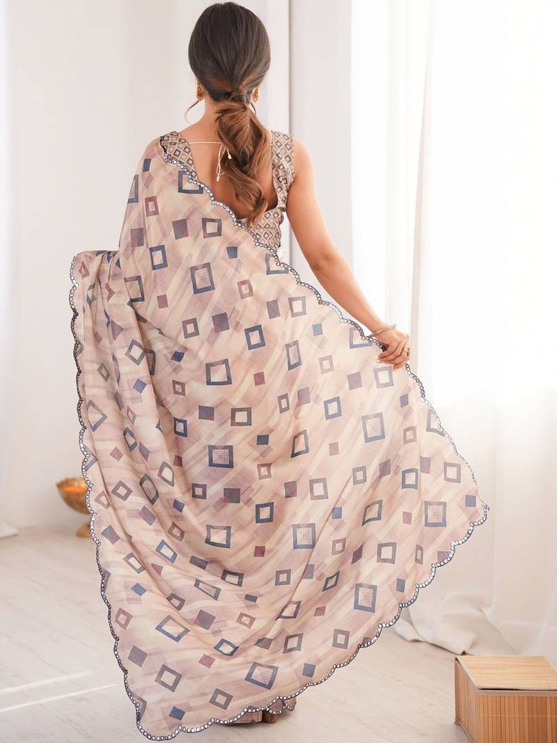 Beige mirror work pure chiffon ikat saree