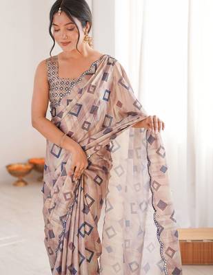 Beige mirror work pure chiffon ikat saree 4