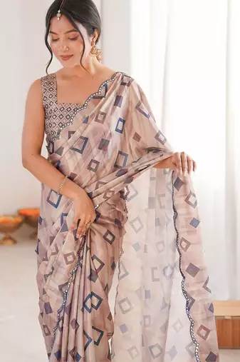 Beige mirror work pure chiffon ikat saree