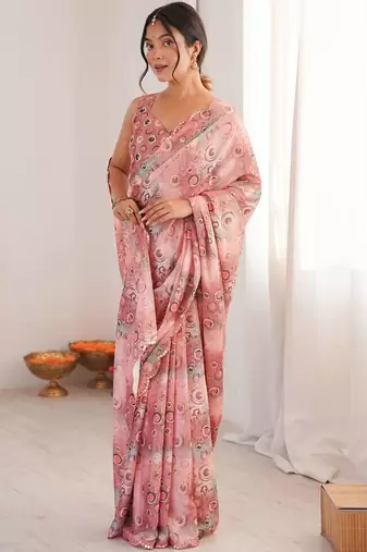 Pink sequinned pure chiffon ikat saree
