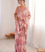 Pink sequinned pure chiffon ikat saree