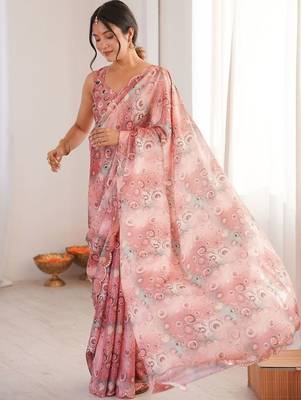 Pink sequinned pure chiffon ikat saree 2