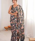 Black floral pure chiffon ikat saree