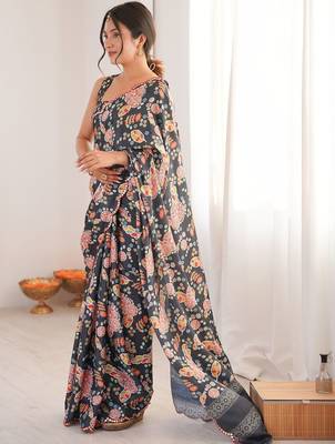 Black floral pure chiffon ikat saree 2