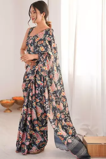 Black floral pure chiffon ikat saree