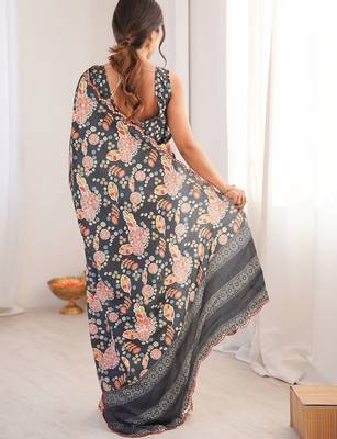 Black floral pure chiffon ikat saree 3