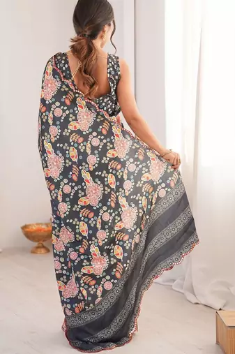 Black floral pure chiffon ikat saree