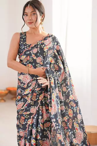 Black floral pure chiffon ikat saree