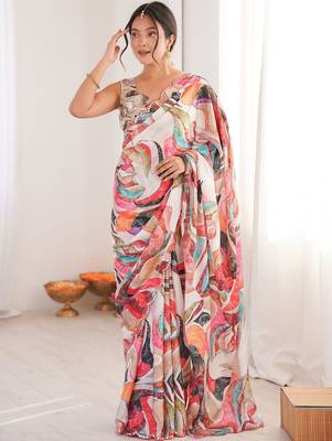 Multicolor beads and stones pure chiffon designer ikat saree 1