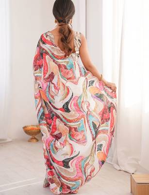 Multicolor beads and stones pure chiffon designer ikat saree 3