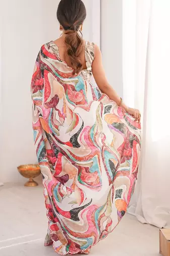 Multicolor beads and stones pure chiffon designer ikat saree