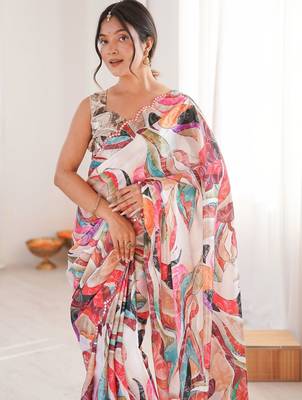 Multicolor beads and stones pure chiffon designer ikat saree 4