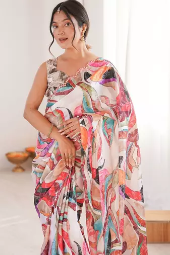 Multicolor beads and stones pure chiffon designer ikat saree