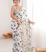 Off white floral pure chiffon ikat saree