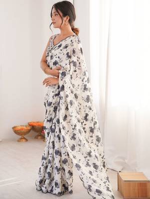 Off white floral pure chiffon ikat saree 2