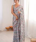 Blue floral mirror work pure chiffon ikat saree