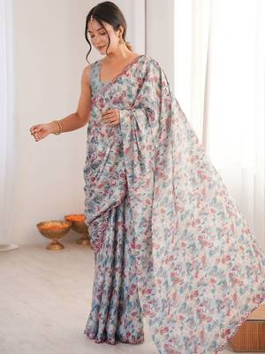 Blue floral mirror work pure chiffon ikat saree 2