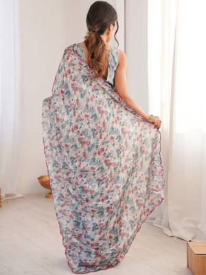 Blue floral mirror work pure chiffon ikat saree 3