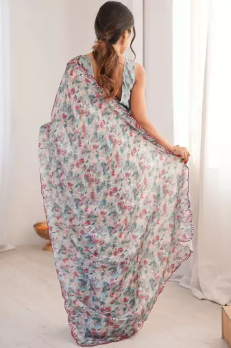 Blue floral mirror work pure chiffon ikat saree