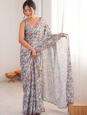 Blue floral mirror work pure chiffon ikat saree 4