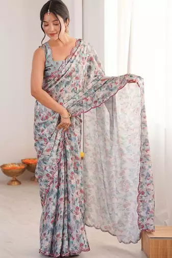 Blue floral mirror work pure chiffon ikat saree