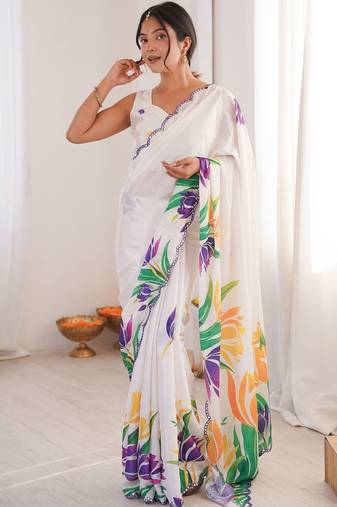 White floral pure chiffon ikat saree