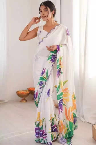 White floral pure chiffon ikat saree