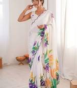 White floral pure chiffon ikat saree