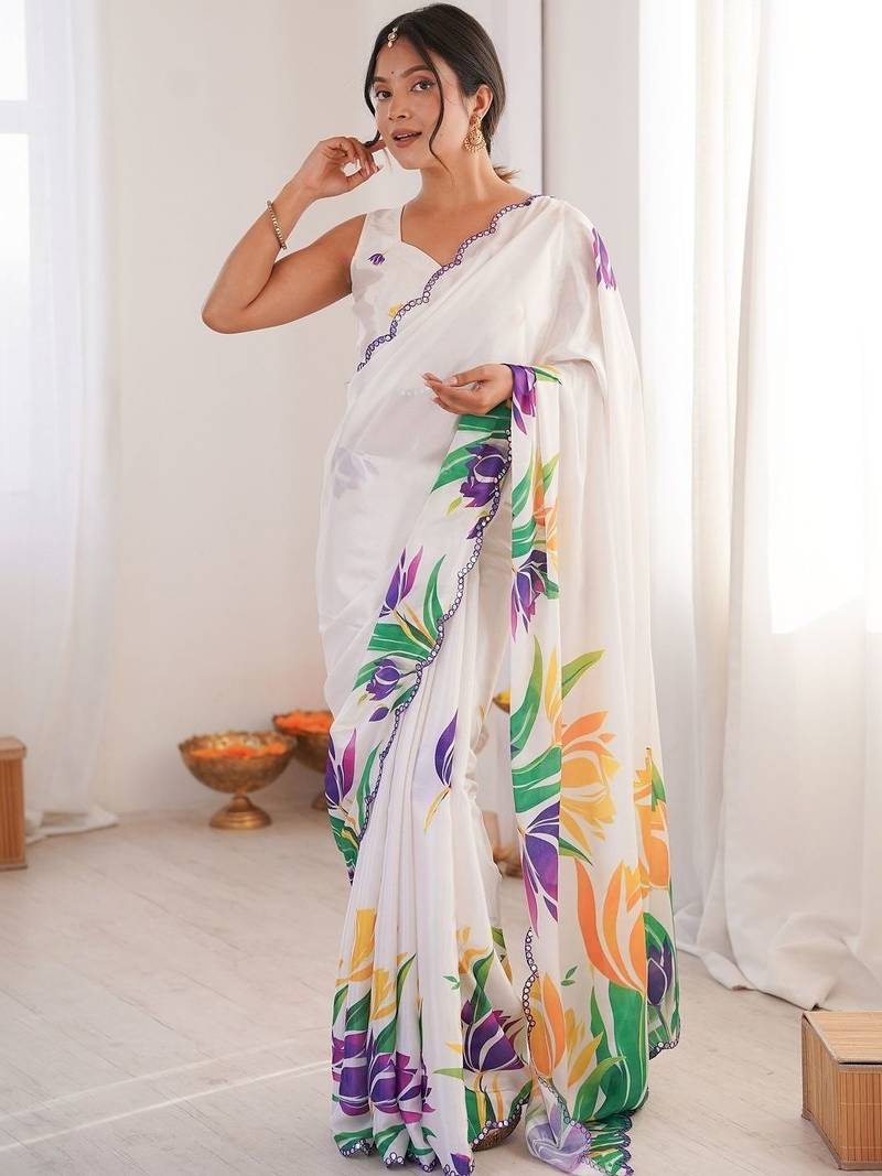 White floral pure chiffon ikat saree