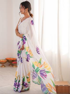 White floral pure chiffon ikat saree 2