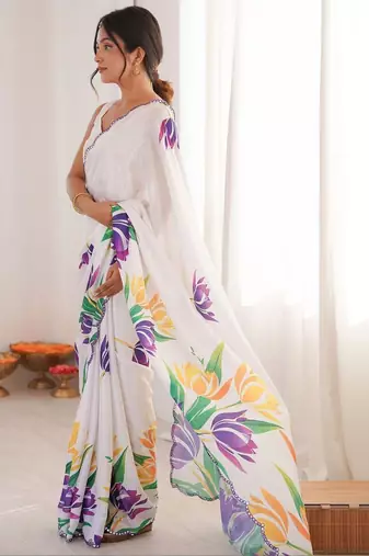 White floral pure chiffon ikat saree