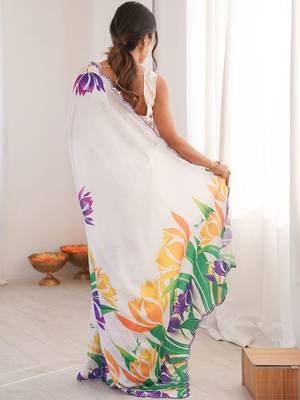 White floral pure chiffon ikat saree 3