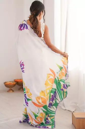 White floral pure chiffon ikat saree