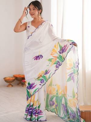 White floral pure chiffon ikat saree 4