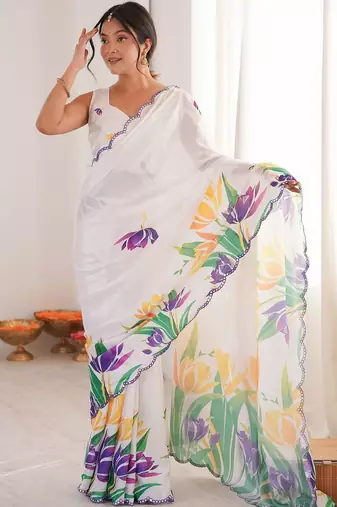 White floral pure chiffon ikat saree