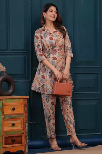 Beige printed co-ord set for women